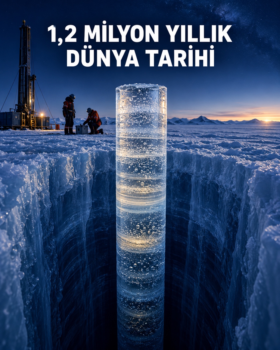 Antarktika buz tabakasından çıkarılan uzun bir buz çekirdeği