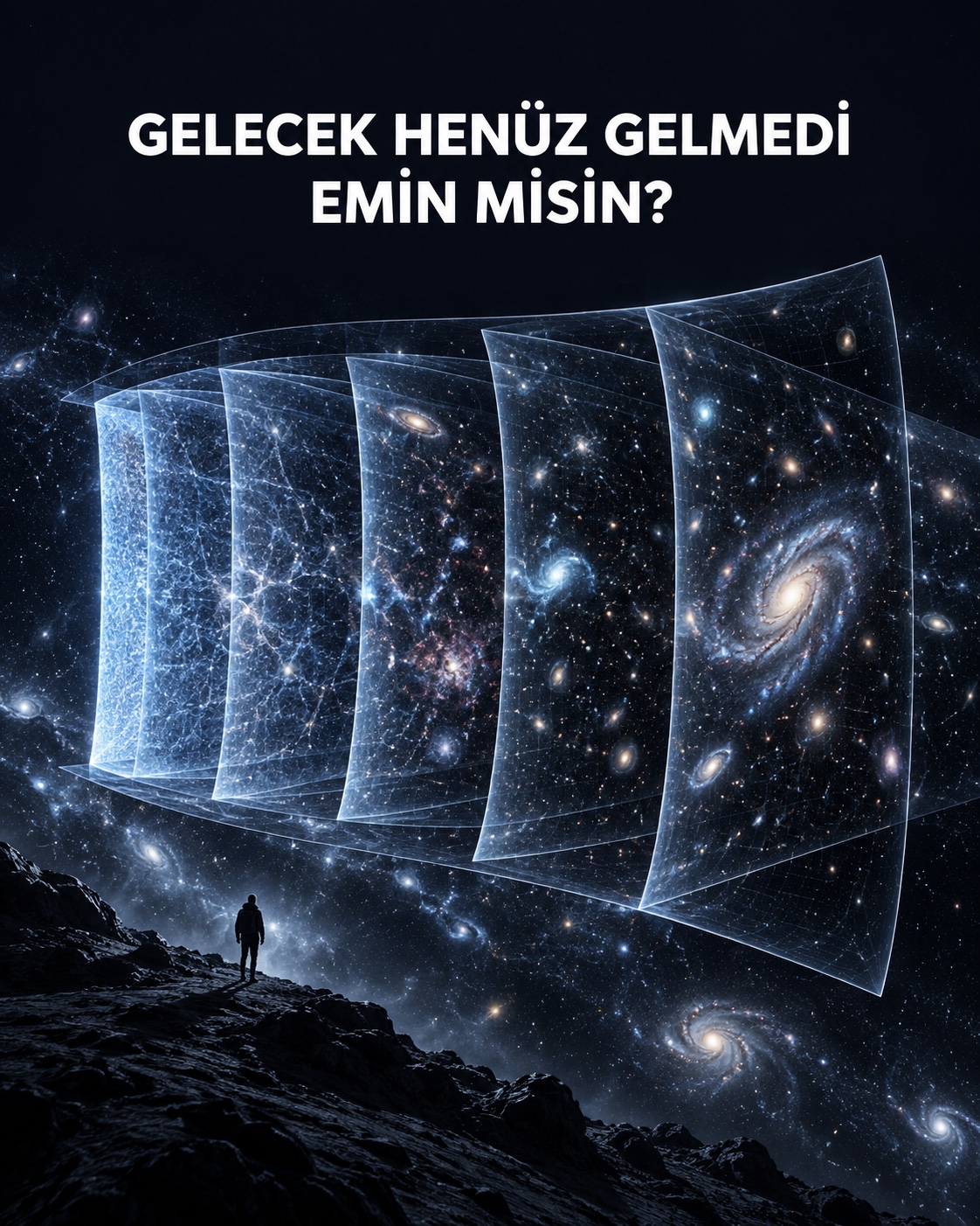 Uzay-zamandaki farklı anları üst üste sayfalar gibi gösteren temsili görsel