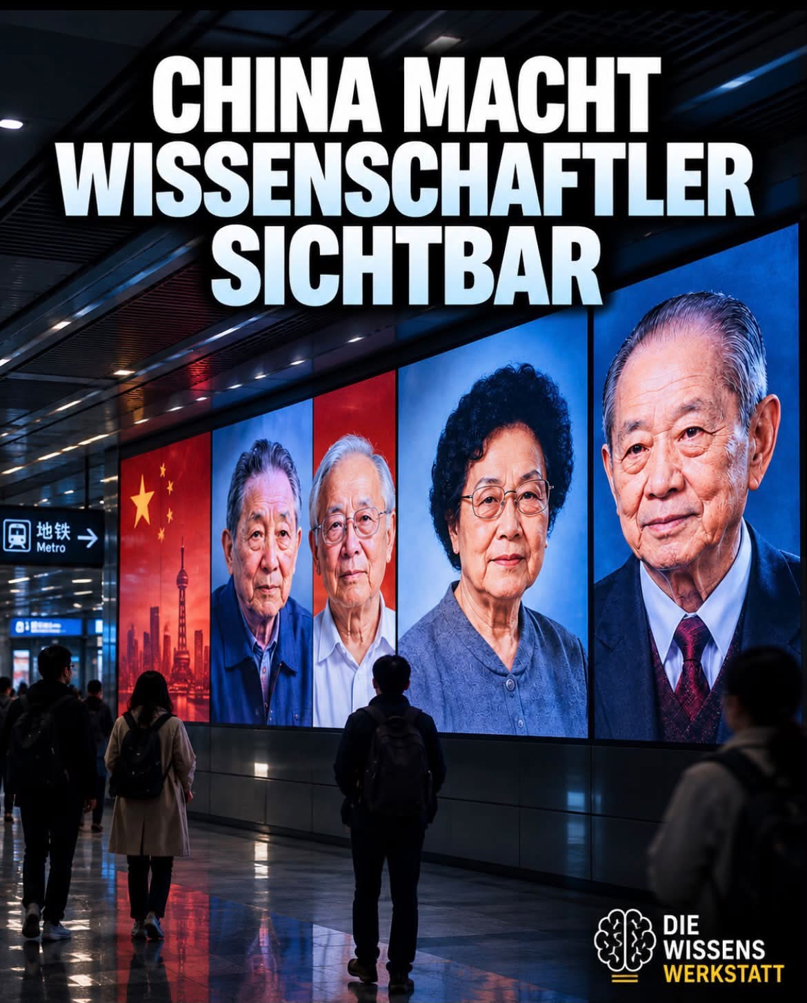 Große Porträts chinesischer Wissenschaftler auf Bildschirmen in einer U-Bahn-Station