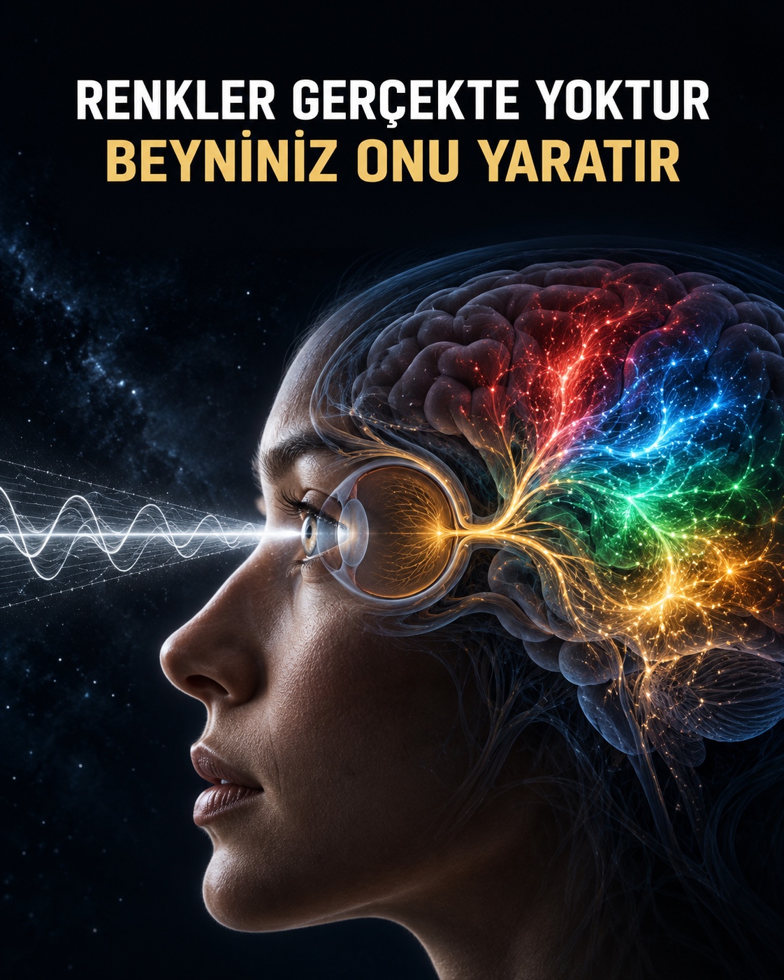 Işığın göz ve beyin tarafından renk deneyimine dönüştürülmesini gösteren temsili görsel