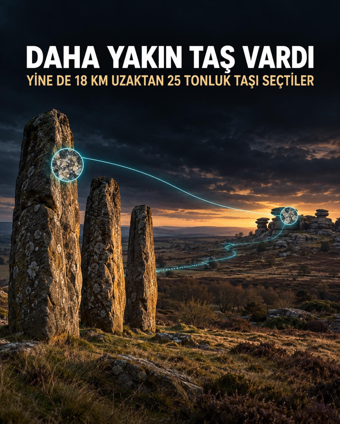 Yorkshire’daki Şeytan’ın Okları ile taşların olası kaynağı Brimham Rocks arasındaki mesafeyi anlatan temsili görsel