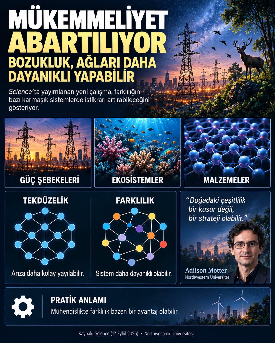Güç şebekeleri, ekosistemler ve malzemelerde farklılığın ağ kararlılığına etkisini gösteren görsel