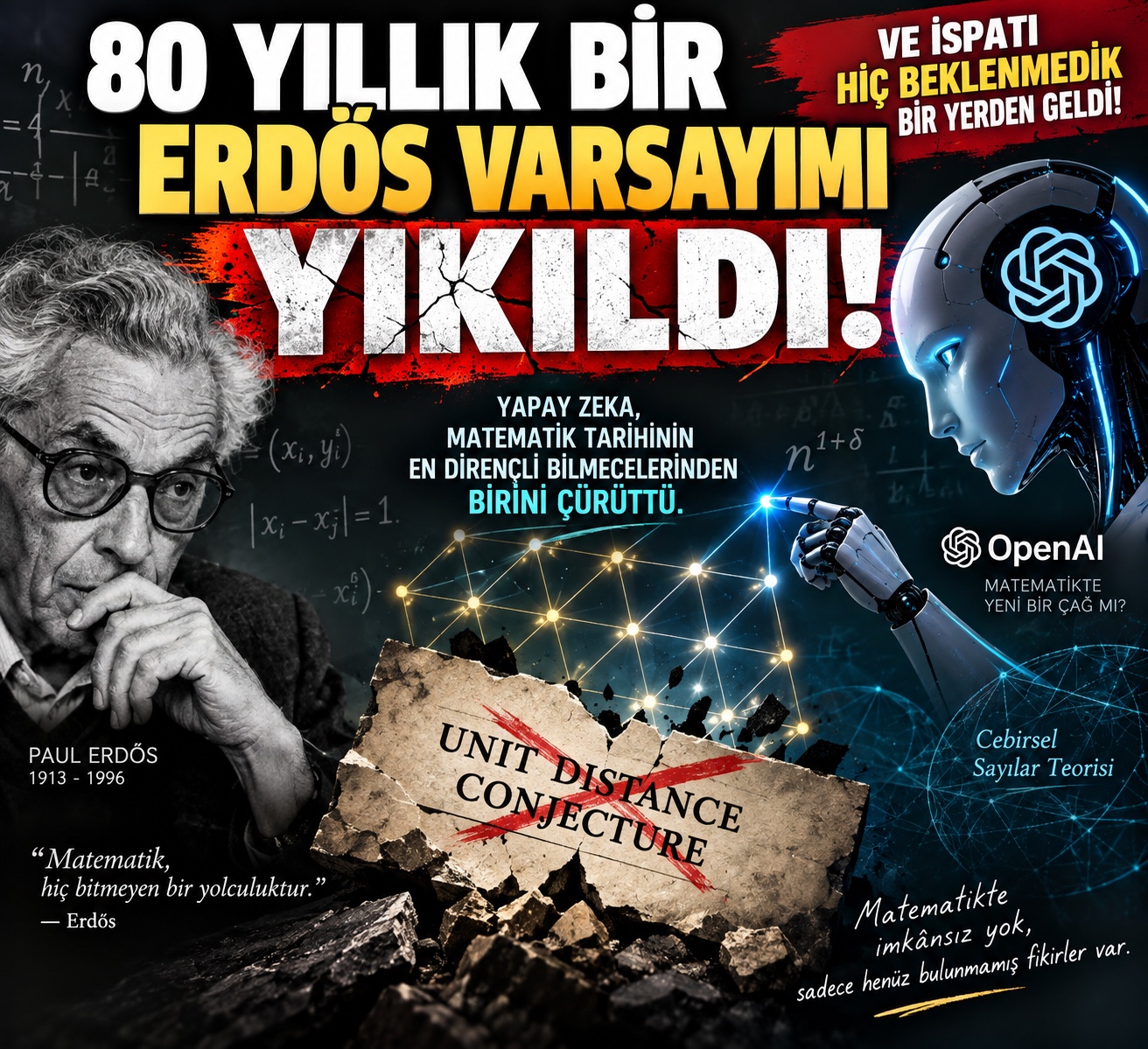 Paul Erdős, birim mesafe problemi ve yapay zekâ tarafından bulunan yeni matematiksel inşayı anlatan görsel