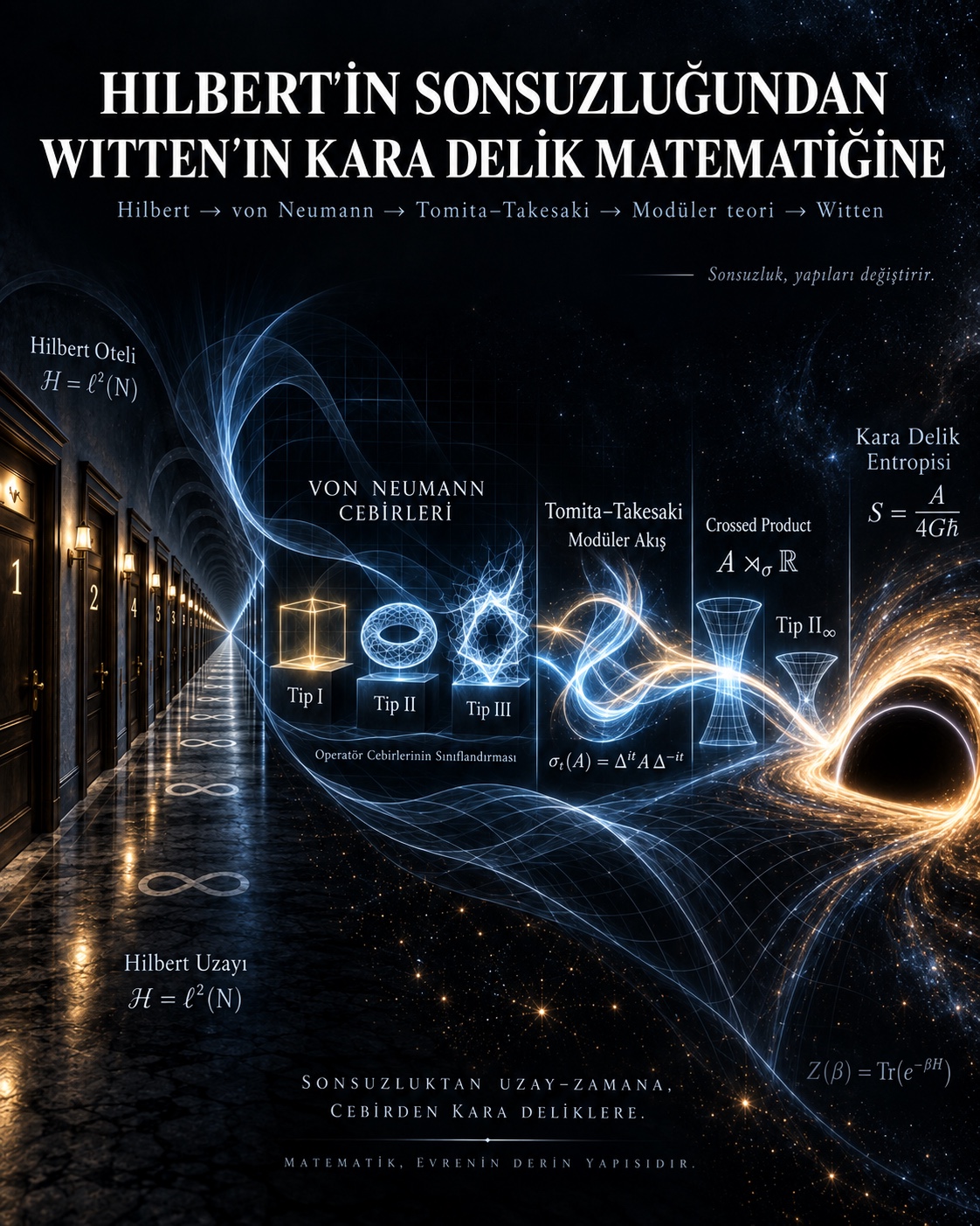 Hilbert Oteli’nden von Neumann cebirleri ve modüler akış üzerinden kara delik entropisine uzanan kavramsal görsel