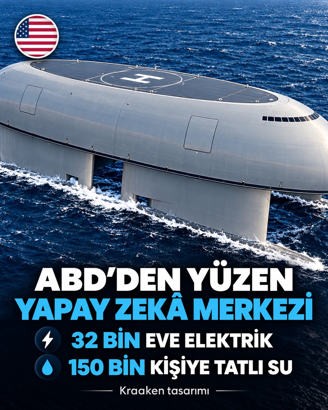 Denizde çalışması planlanan Kraaken yapay zekâ veri merkezi konseptini gösteren temsili görsel
