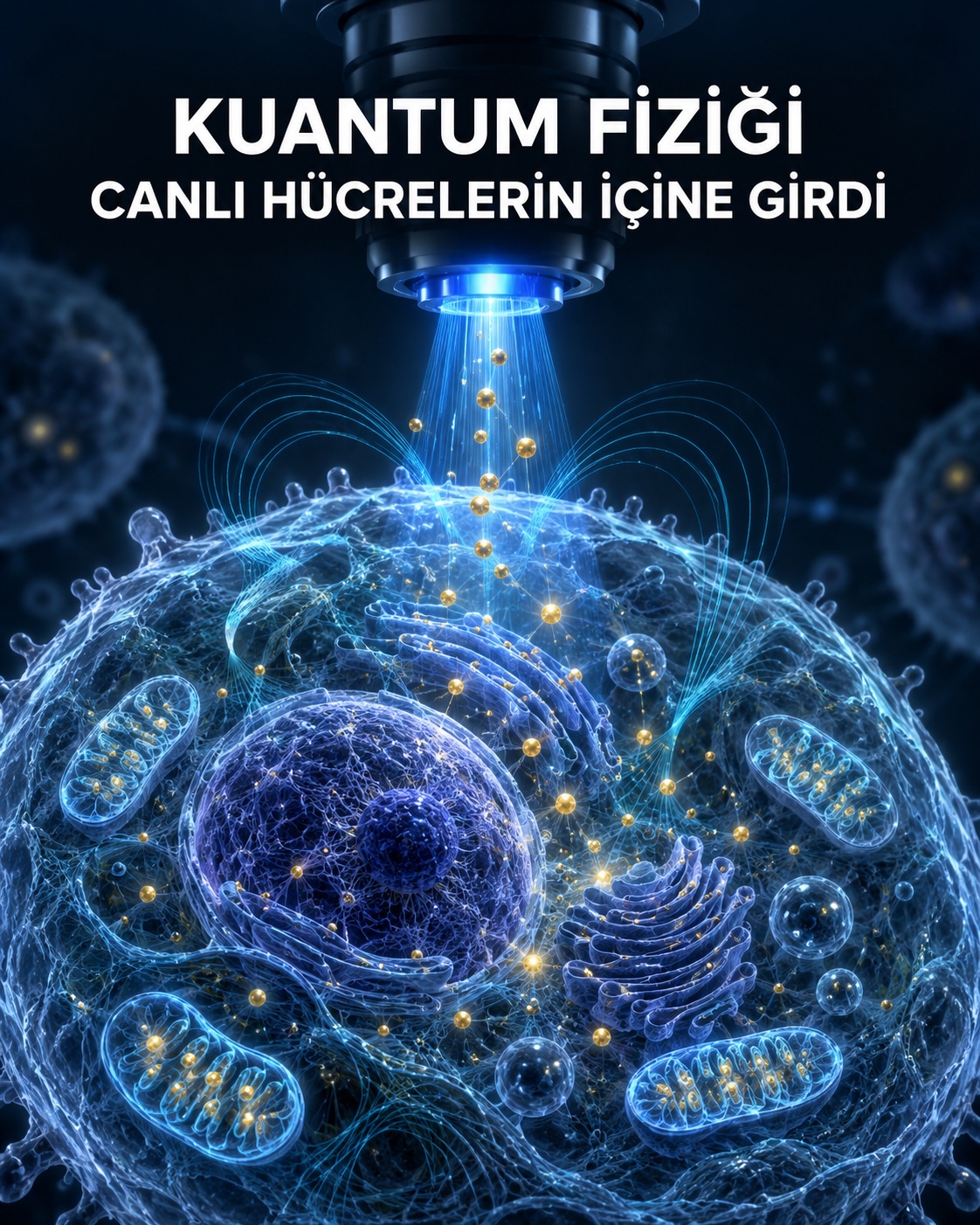 Bir mikroskobun altında canlı hücre ve kuantum sensörlerinin sanatsal canlandırması