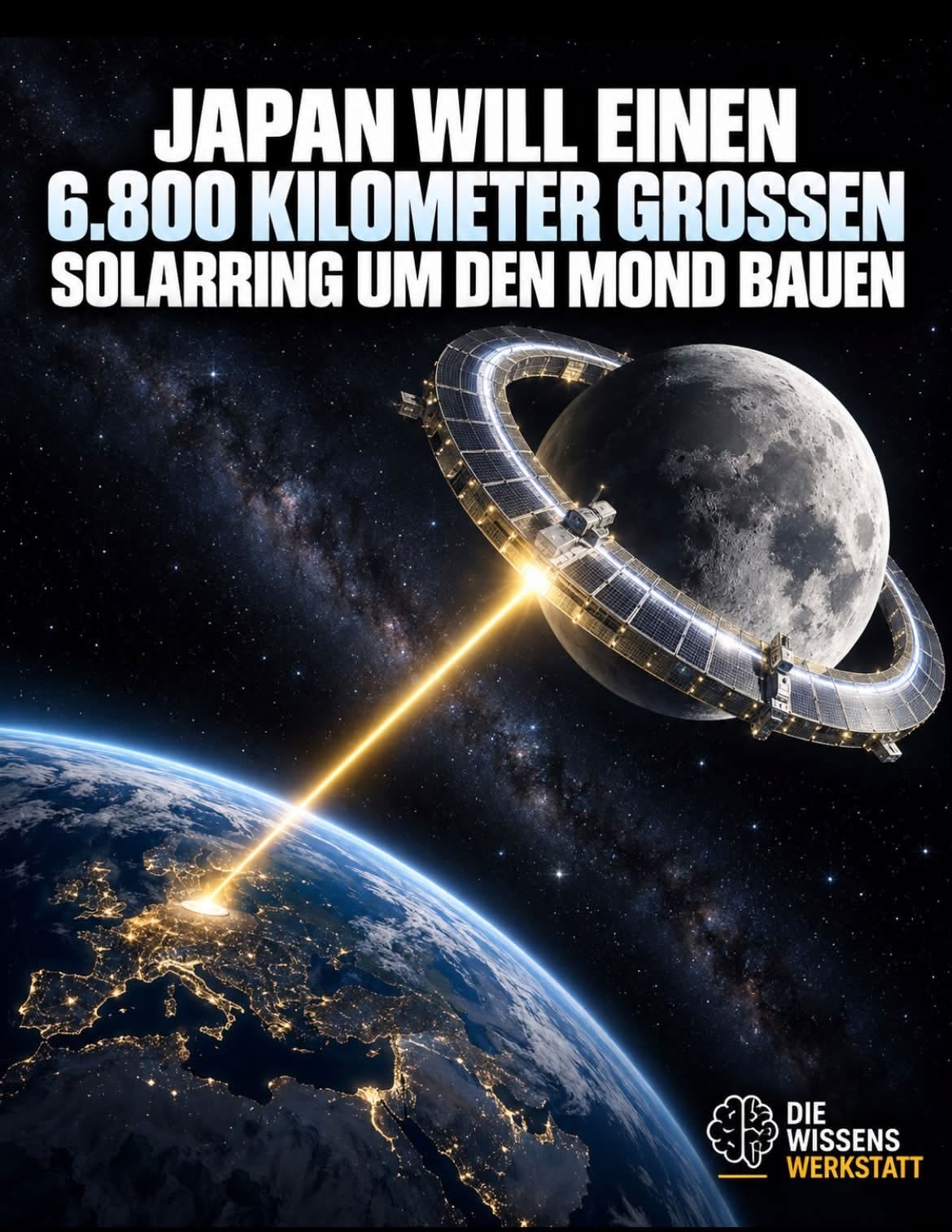 Konzeptdarstellung eines Solargürtels um den Mond mit Energieübertragung zur Erde