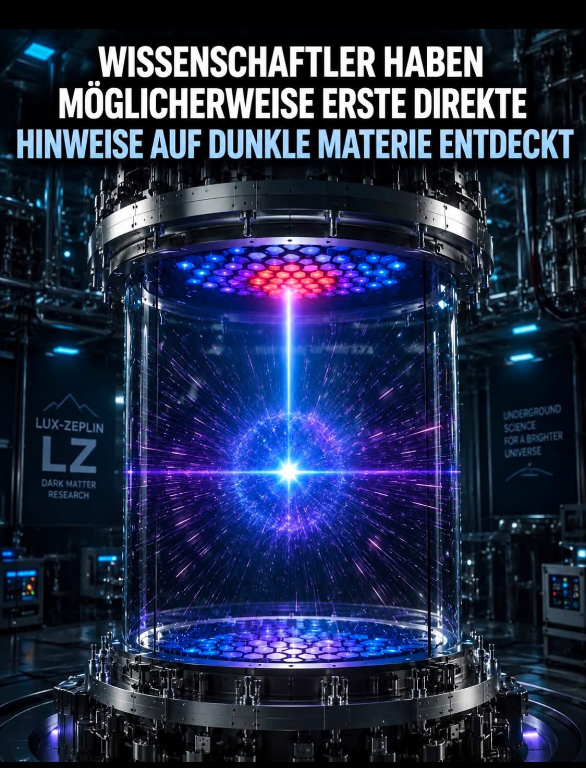 Künstlerische Darstellung des LUX-ZEPLIN-Detektors mit einem seltenen Teilchensignal