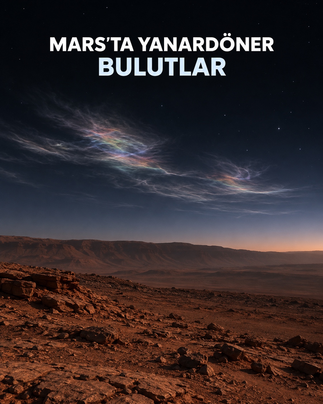 Mars yüzeyinin üzerinde görülen ince ve yanardöner bulutların temsili görünümü