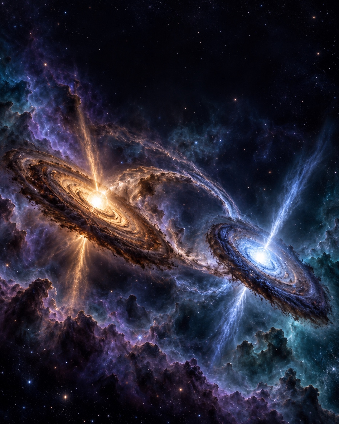 Farklı yönlere eğilmiş diskleriyle birbirine yaklaşan iki büyük protostar canlandırması