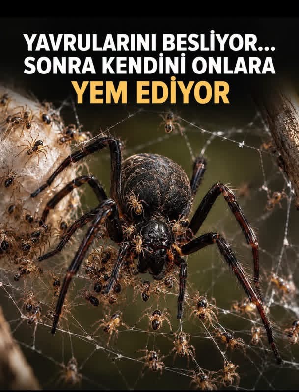 Yavrularıyla birlikte siyah dantel ağ örümceği
