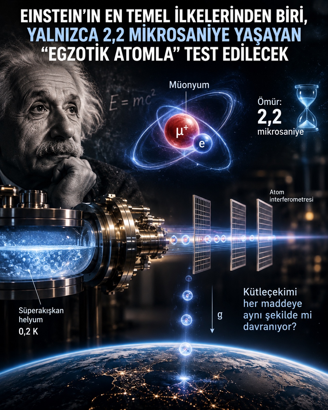 Süperakışkan helyumdan çıkan müonyum ışını ve kütleçekimi deneyinin aşamalarını gösteren bilimsel görsel
