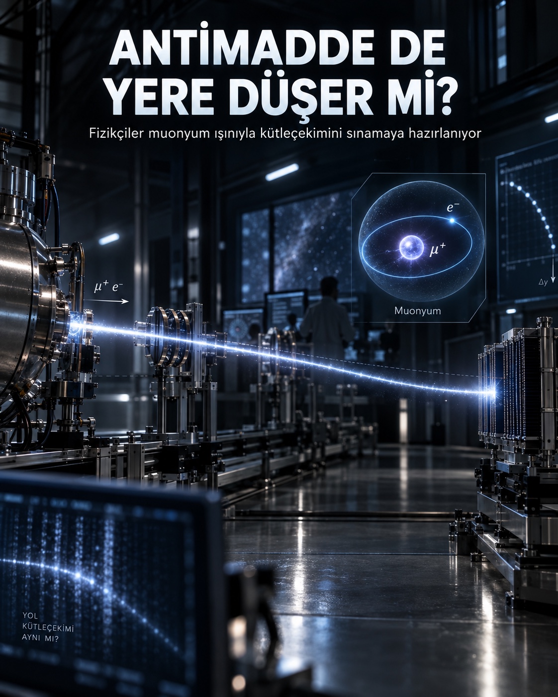 Bir parçacık fiziği laboratuvarında muonyum ışını ve atom yapısını gösteren görsel
