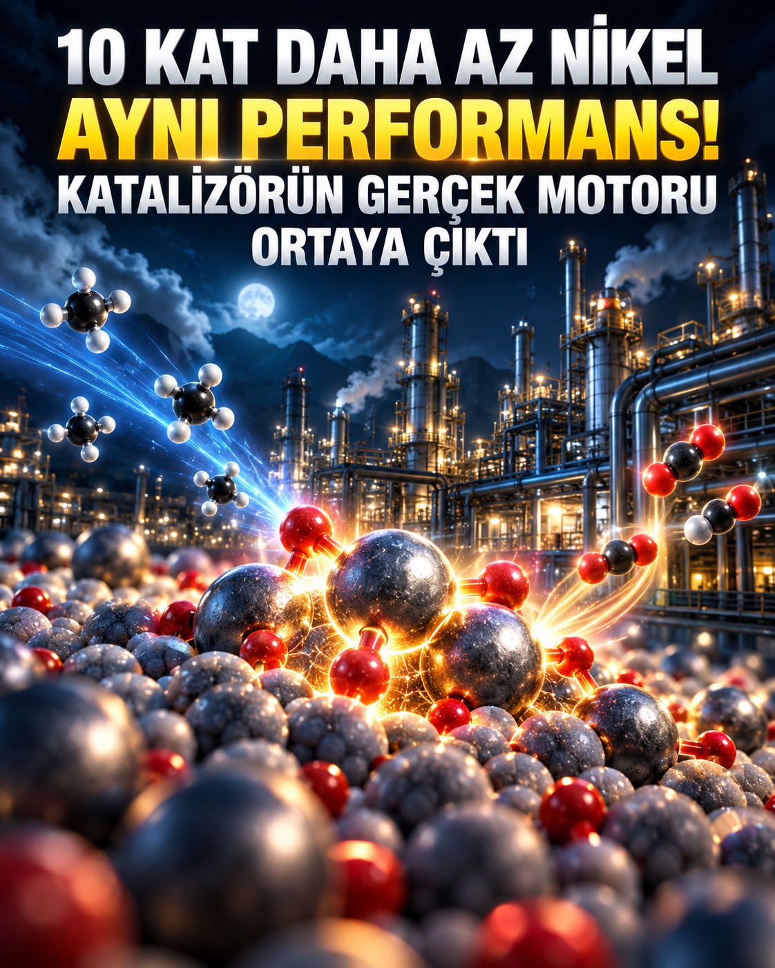 Metanı sentez gazına dönüştüren Ni1O4Ni4 atomik katalizör motifini gösteren laboratuvar görseli