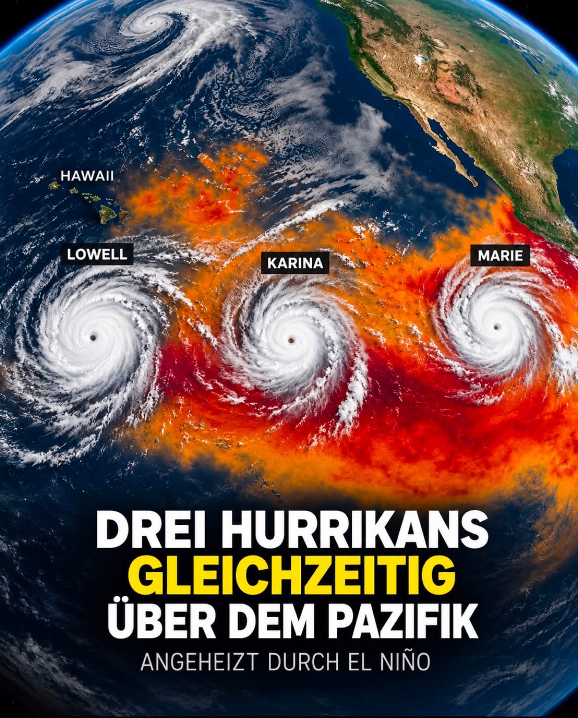 Satellitenansicht mit den Hurrikans Lowell, Karina und Marie über dem Pazifik