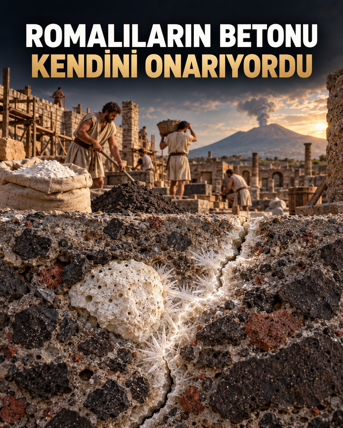 Pompeii’de Roma betonu ve çatlağı dolduran beyaz mineral kristalleri