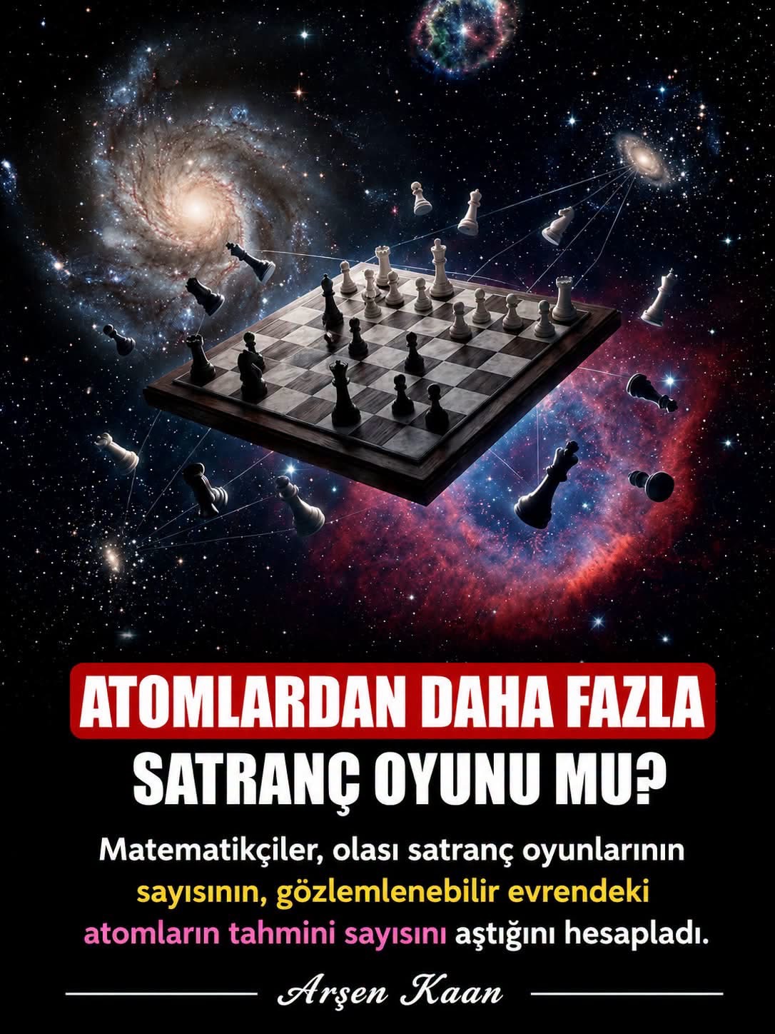 Galaksilerin arasında süzülen satranç tahtası ve taşları