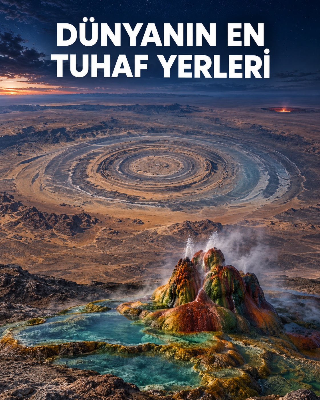 Fly Geyser ile Richat Yapısı’nı bir arada gösteren temsili görsel