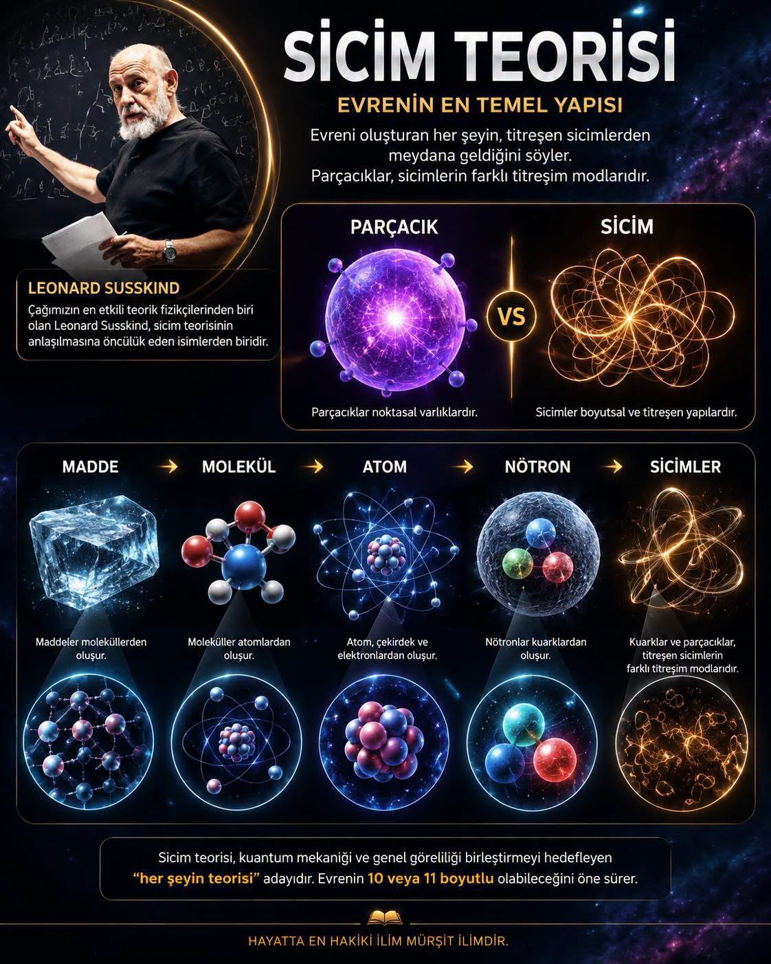 Sicim teorisinin parçacıkları titreşim modları olarak anlatan Türkçe infografiği