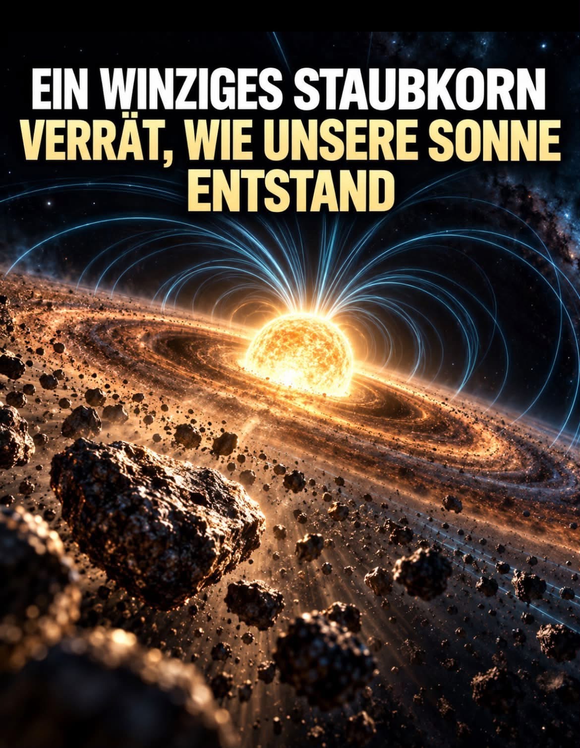 Künstlerische Darstellung der jungen Sonne, ihrer Staubscheibe und Magnetfelder