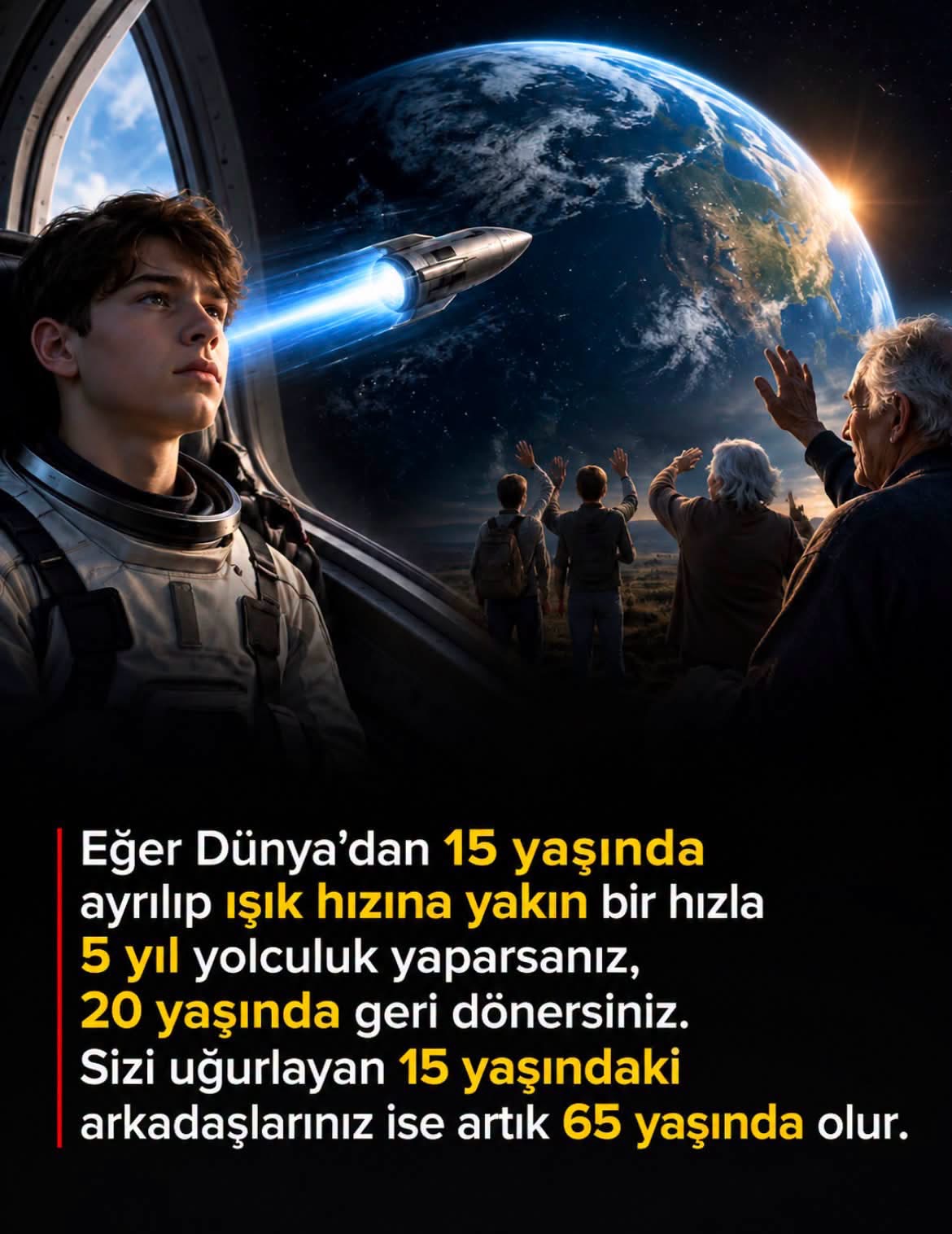 Işık hızına yakın yolculuğun zaman genişlemesini anlatan uzay görseli