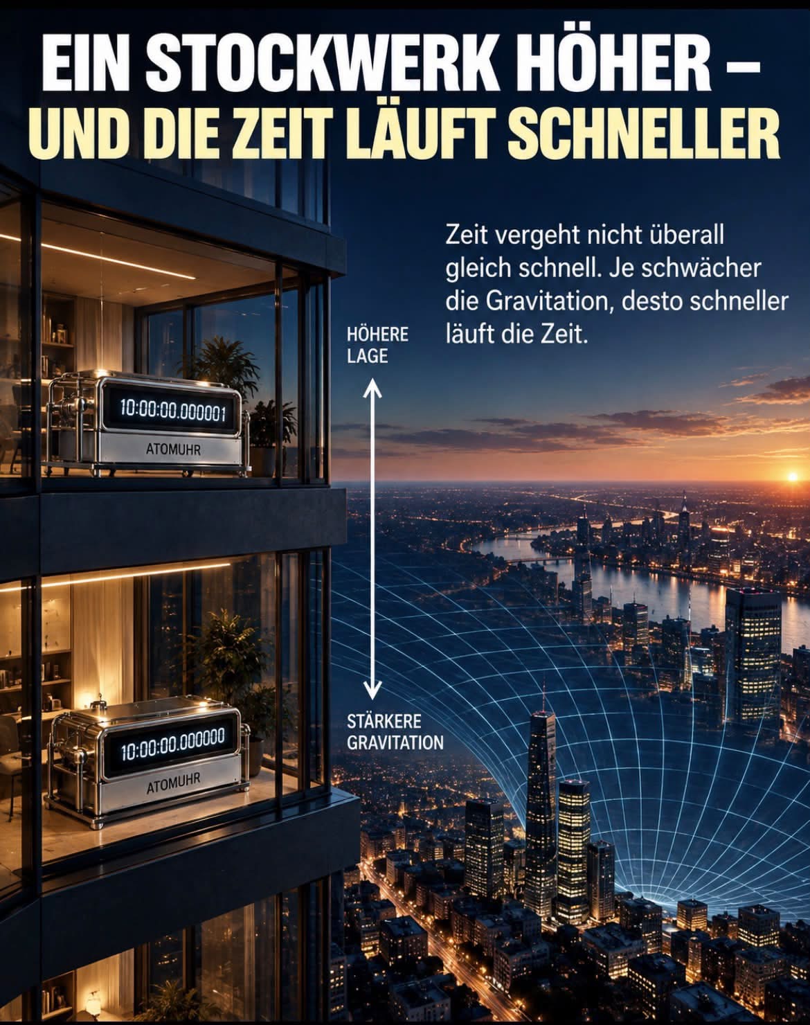 Zwei Atomuhren in unterschiedlichen Stockwerken eines Hochhauses