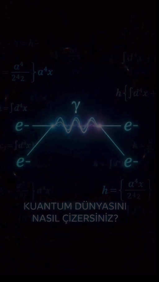 Elektron ve foton etkileşimini Feynman diyagramı biçiminde gösteren video karesi